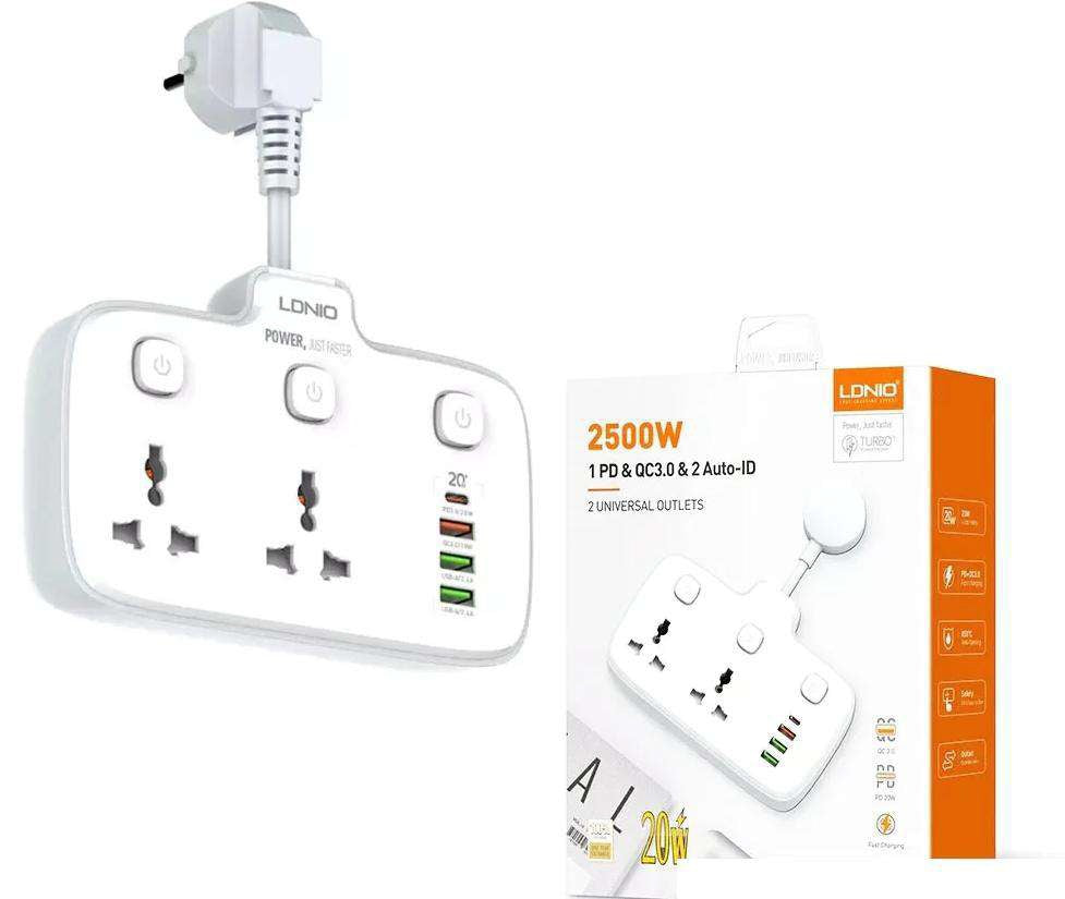 Multitoma LDNIO SC2413 2500 W | 2 tomas y USB-C PD 20 W - MyTechCell Colombia