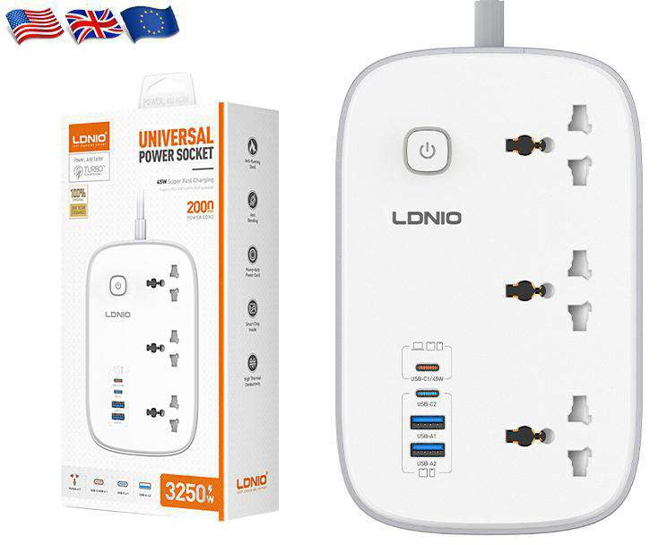 Multitoma LDNIO SC6 3250 W | 3 tomas y USB-C PD 45 W - MyTechCell Colombia
