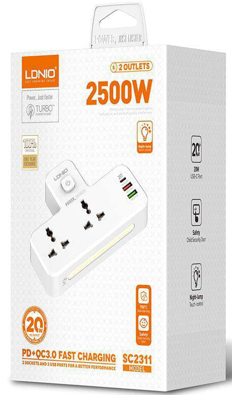 Multitoma LDNIO SC2311 2500 W | 2 tomas y USB-C PD 20 W - vista 2 - MyTechCell Colombia