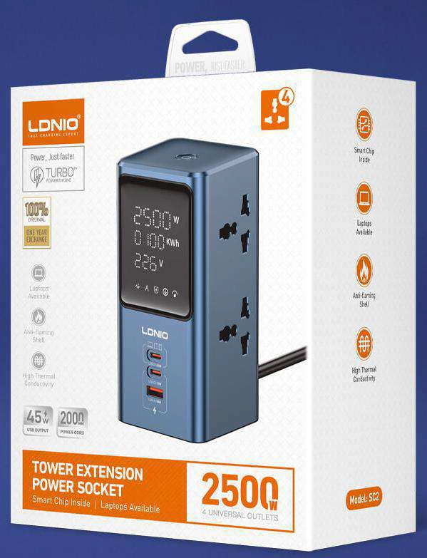 Multitoma torre LDNIO SC2 2500 W | USB-C PD 45 W y pantalla - vista 2 - MyTechCell Colombia