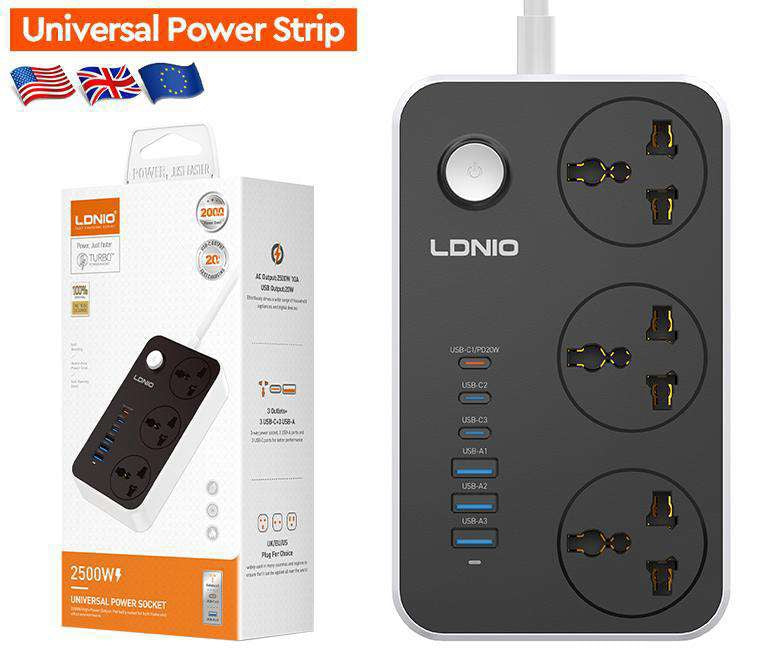 Multitoma LDNIO SC3604C 2500 W | 3 tomas, 6 USB y PD 20 W - MyTechCell Colombia