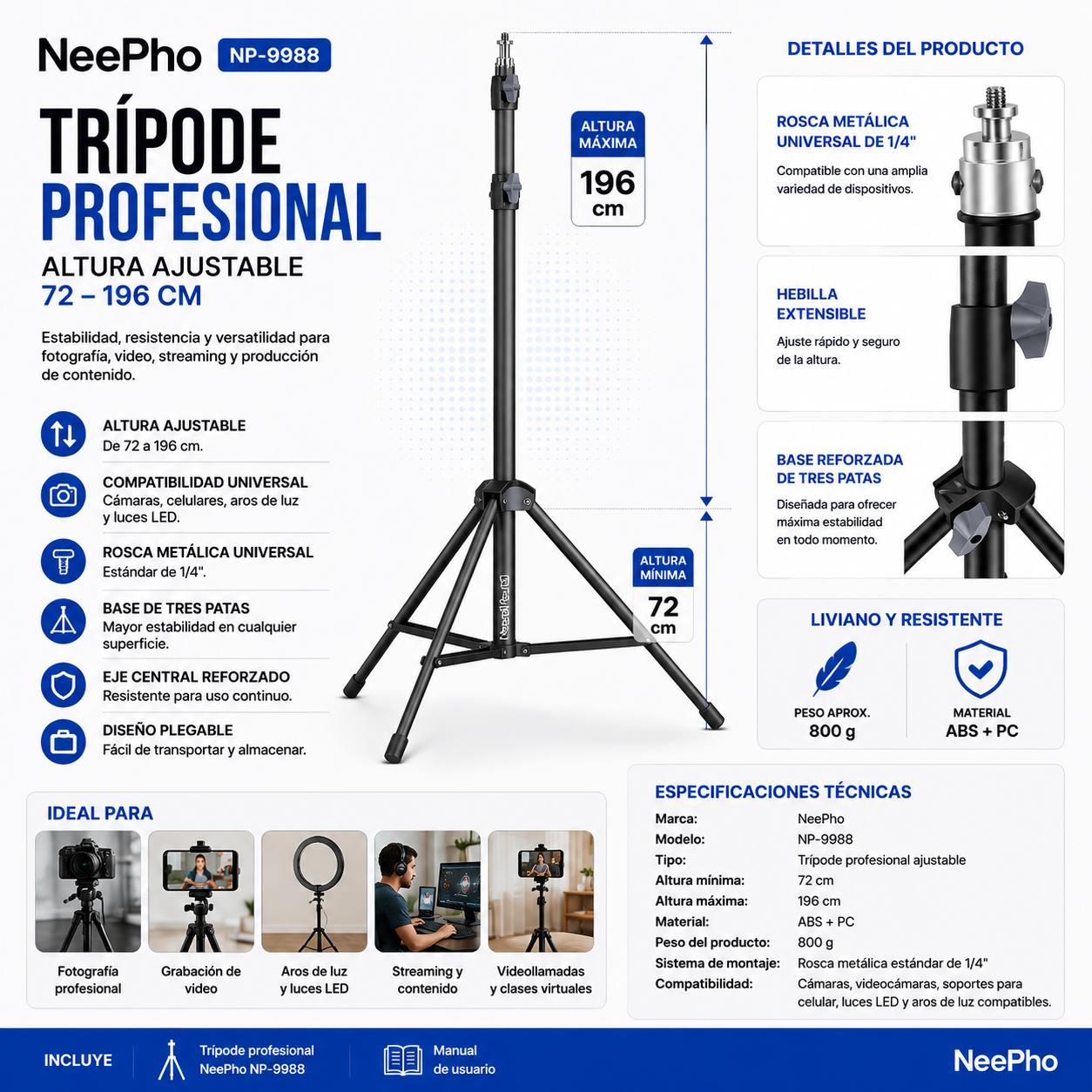 Trípode Profesional NeePho NP-9988 para Cámara, Celular y Aro de Luz | Altura Ajustable 72-196 cm | Cabezal Universal 1/4"