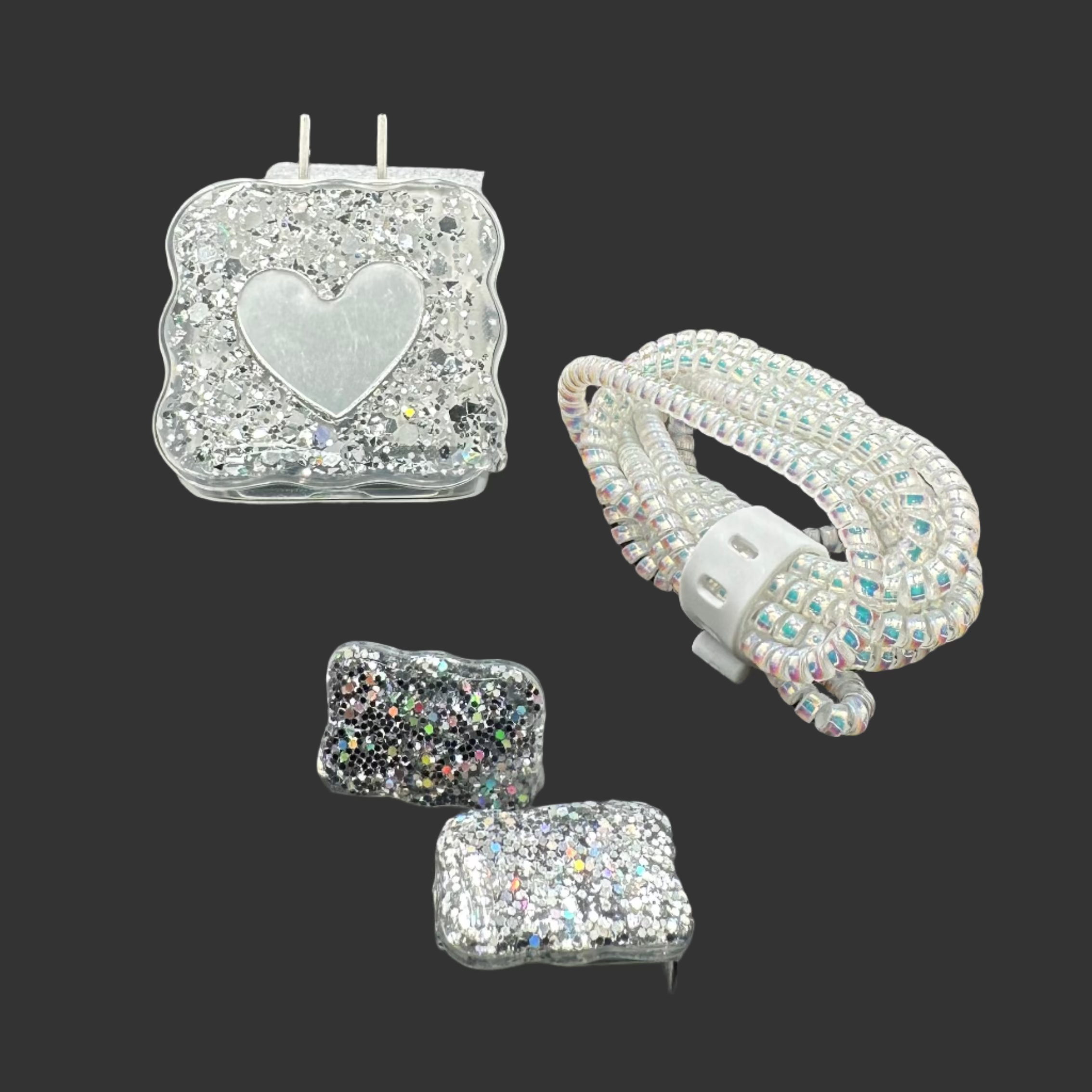 Protector Cargador Iphone 20w Corazon Escarcha Plateado