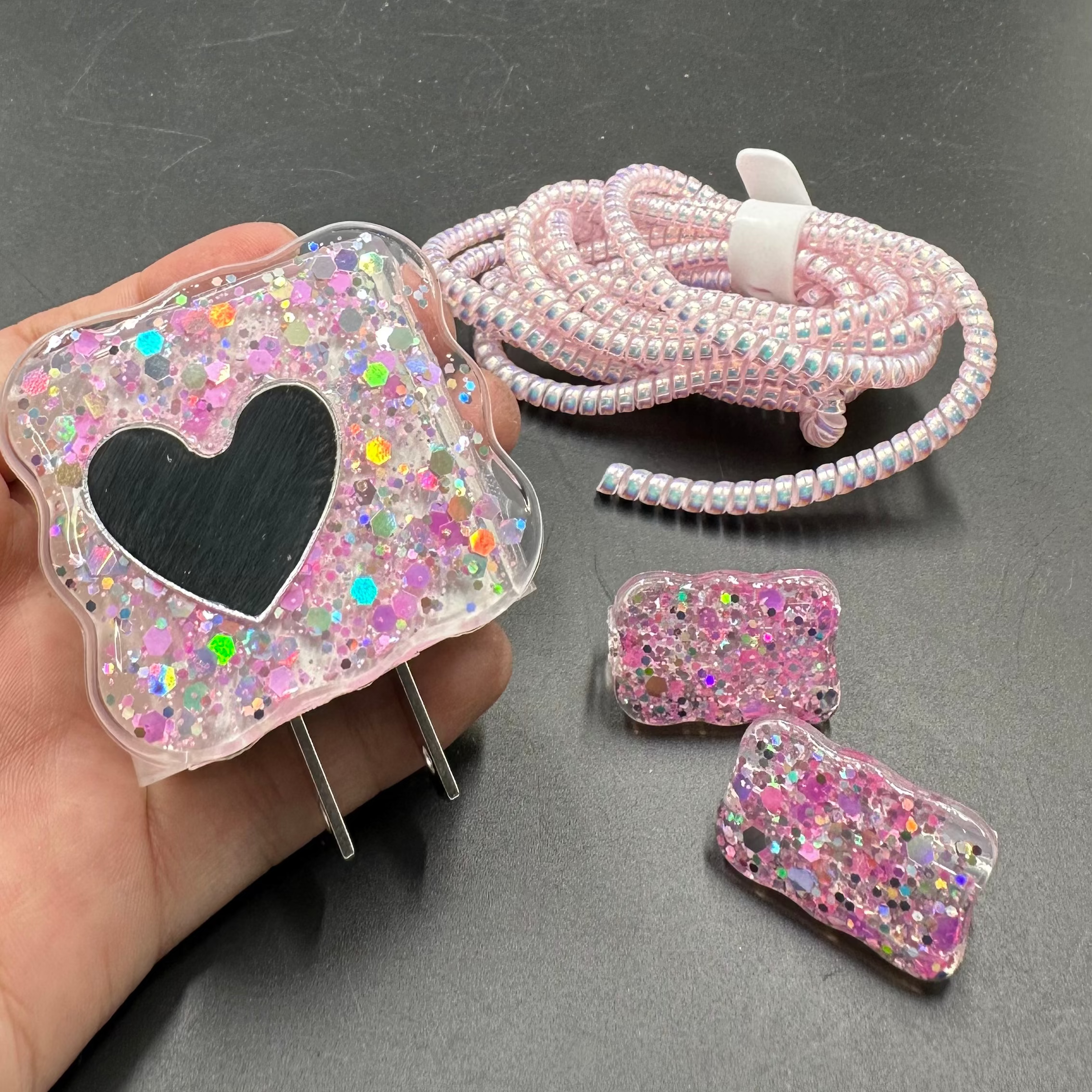 Protector Cargador Iphone 20w Corazon Brillos Rosado