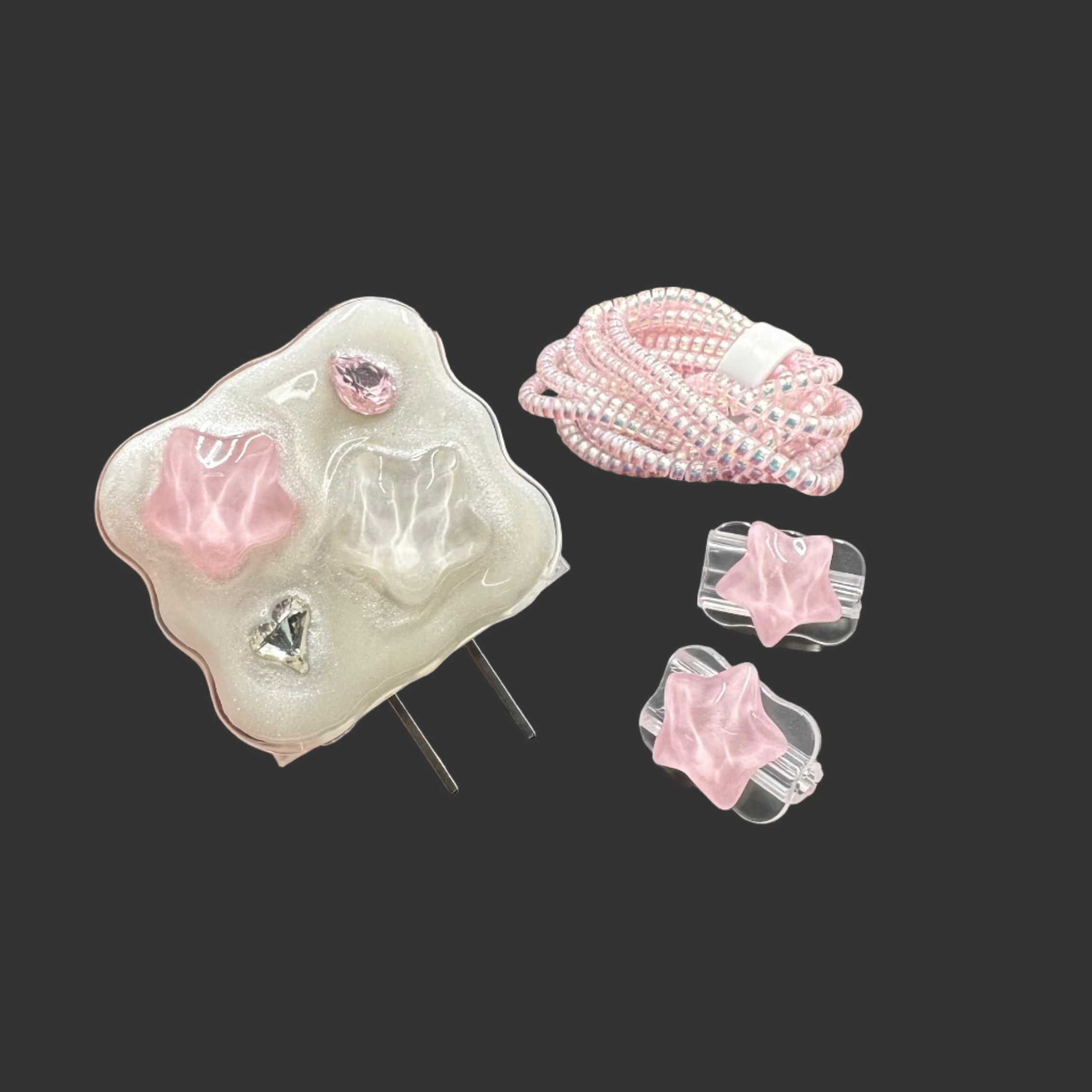 Protector Cargador Iphone 20w Estrella Rosada y Blanca Redondas