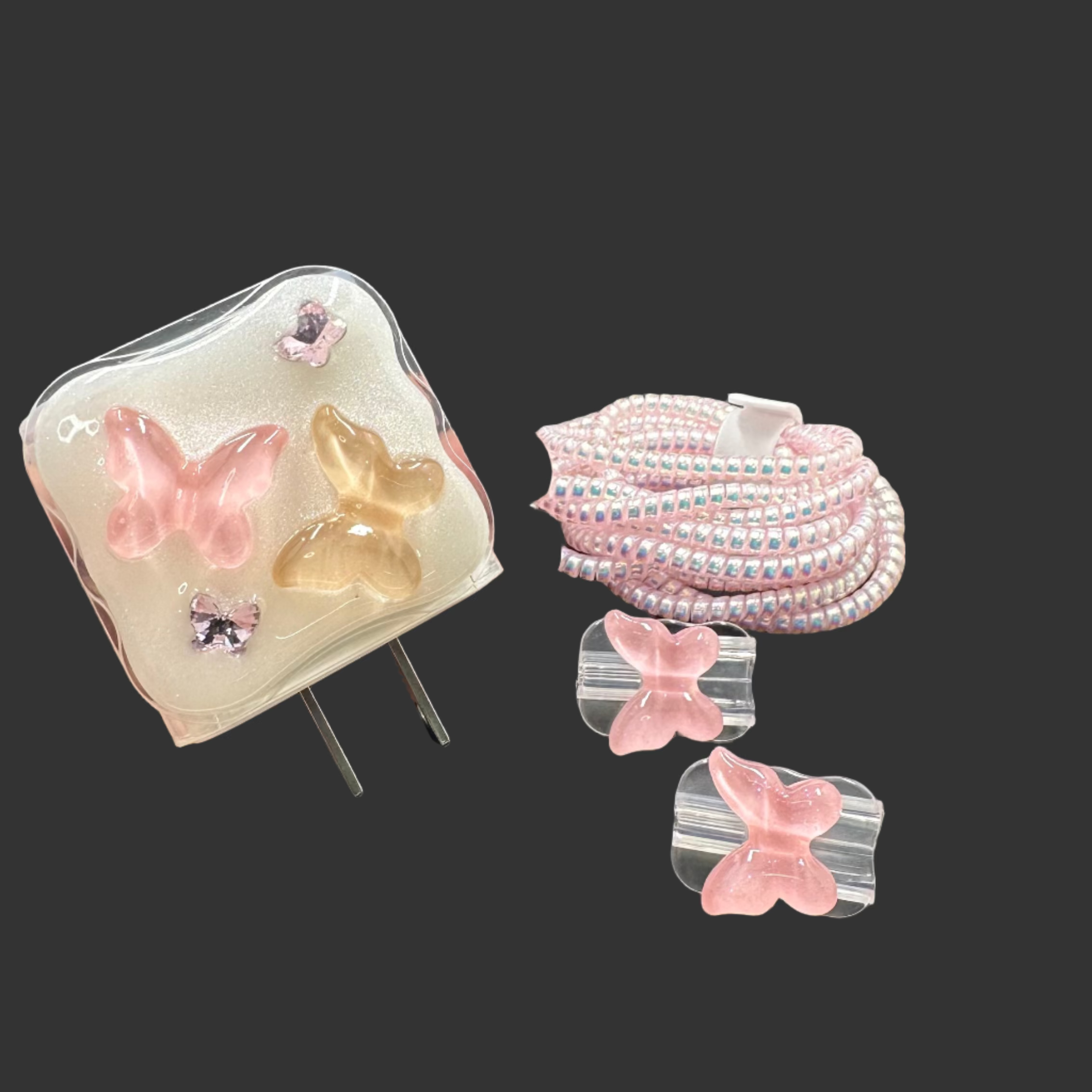 Protector Cargador Iphone 20w Mariposas Rosada Dorada