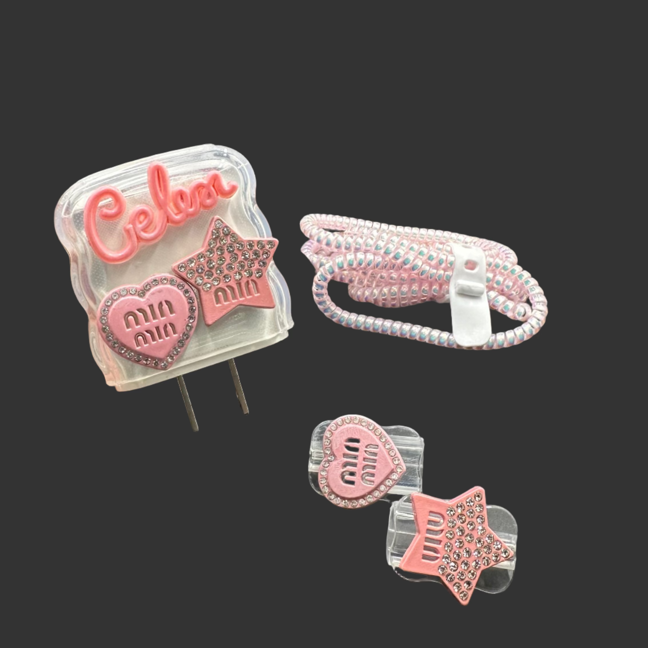 Protector Cargador Iphone 20w Estrella Rosada y Corazon MiuMiu