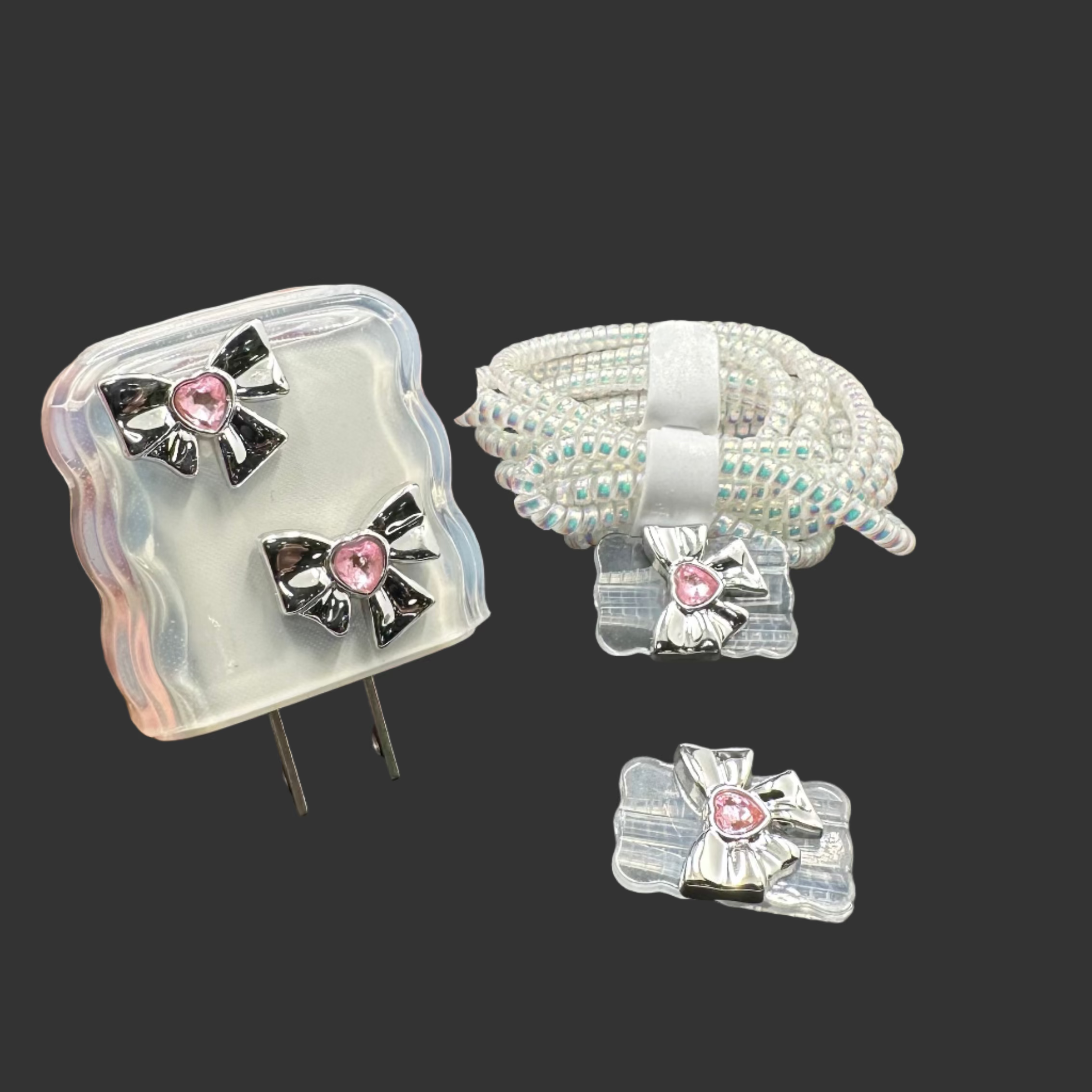 Protector Cargador Iphone 20w Moños Plateado con Rosado