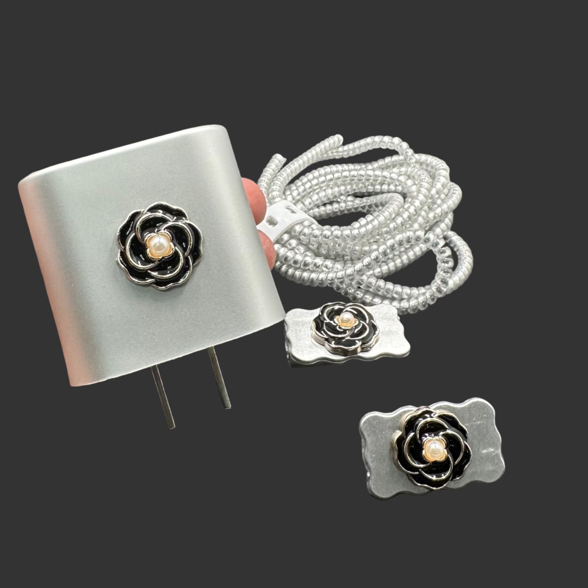 Protector Cargador Iphone 20w Flor Negra