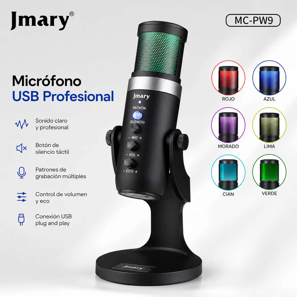 Micrófono USB Jmary MC-PW9 RGB | Cardioide | USB Tipo-C | Monitor de Audífonos | Streaming y Podcast