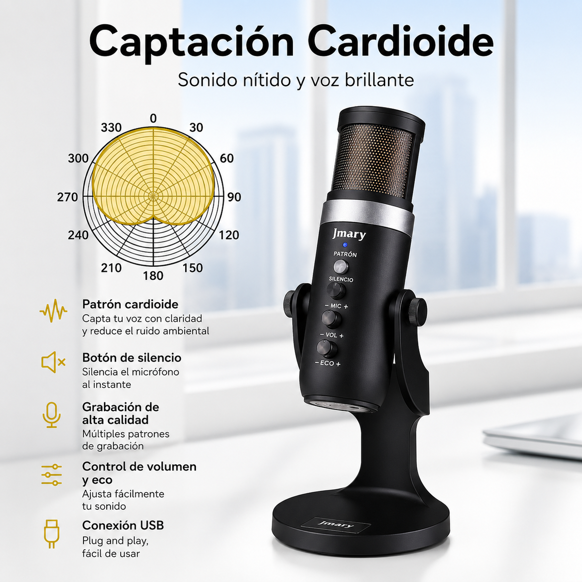 Micrófono USB Jmary MC-PW9 RGB | Cardioide | USB Tipo-C | Monitor de Audífonos | Streaming y Podcast
