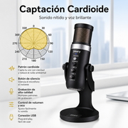 Micrófono USB Jmary MC-PW9 RGB | Cardioide | USB Tipo-C | Monitor de Audífonos | Streaming y Podcast