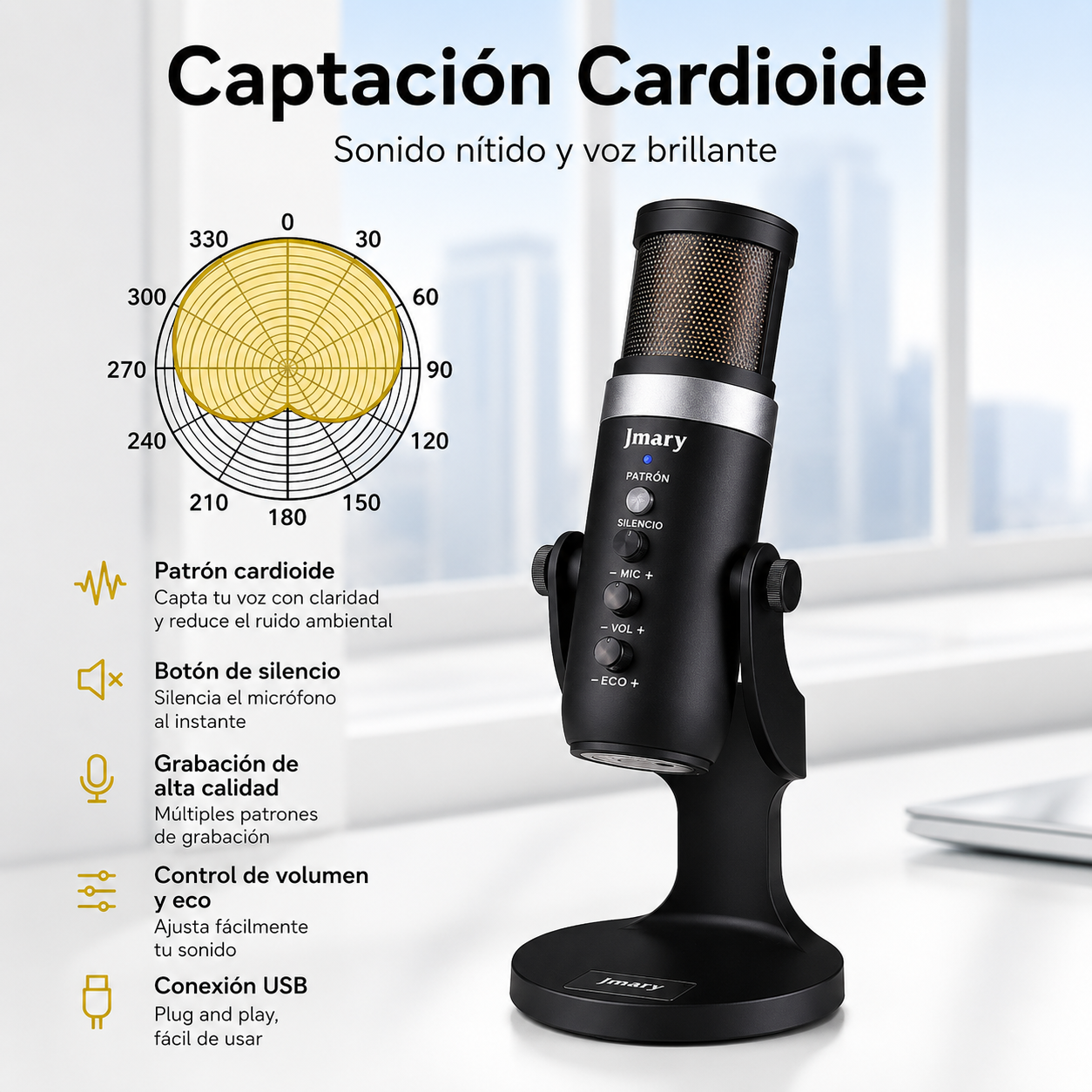Micrófono USB Jmary MC-PW9 RGB | Cardioide | USB Tipo-C | Monitor de Audífonos | Streaming y Podcast