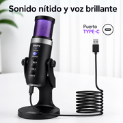 Micrófono USB Jmary MC-PW9 RGB | Cardioide | USB Tipo-C | Monitor de Audífonos | Streaming y Podcast
