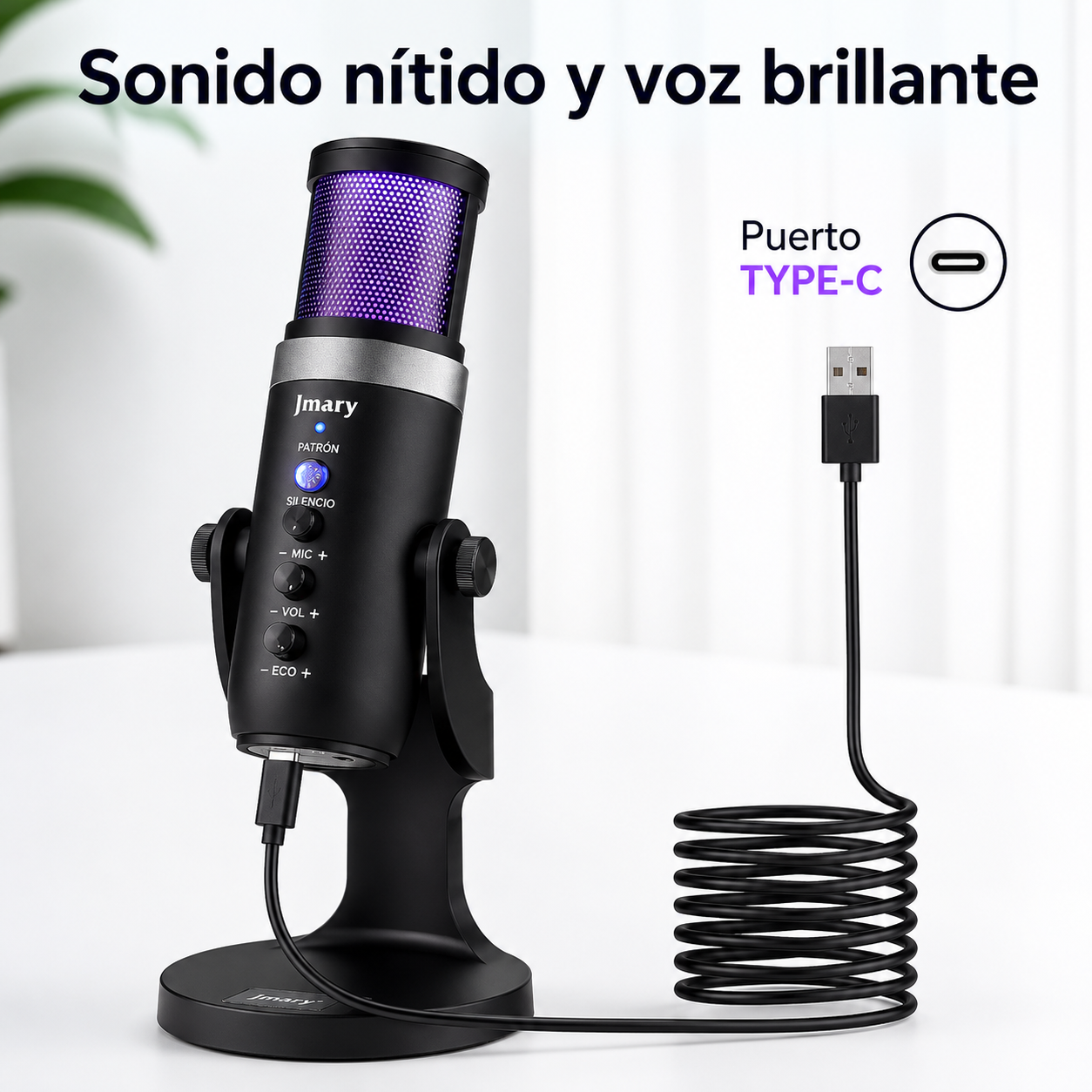 Micrófono USB Jmary MC-PW9 RGB | Cardioide | USB Tipo-C | Monitor de Audífonos | Streaming y Podcast