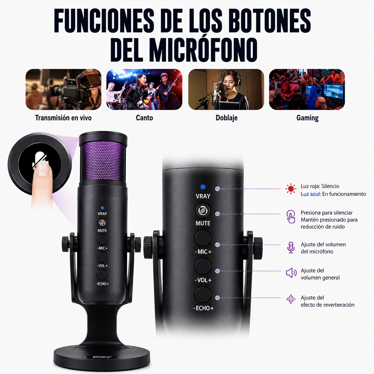 Micrófono USB Jmary MC-PW9 RGB | Cardioide | USB Tipo-C | Monitor de Audífonos | Streaming y Podcast