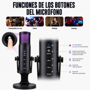 Micrófono USB Jmary MC-PW9 RGB | Cardioide | USB Tipo-C | Monitor de Audífonos | Streaming y Podcast