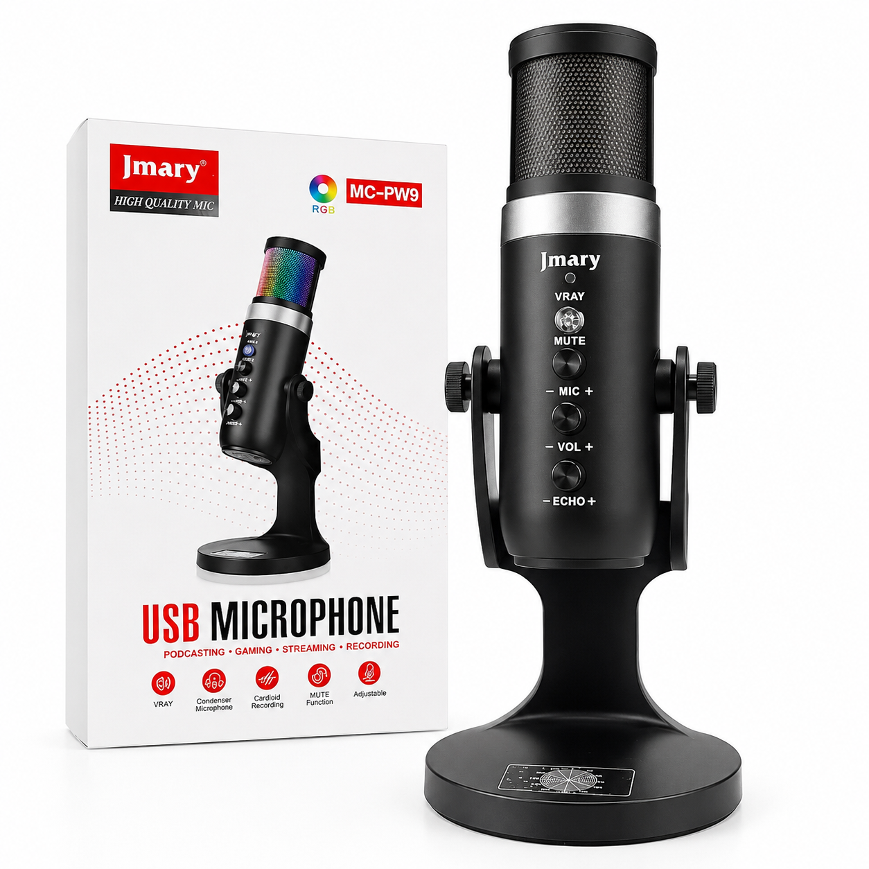Micrófono USB Jmary MC-PW9 RGB | Cardioide | USB Tipo-C | Monitor de Audífonos | Streaming y Podcast