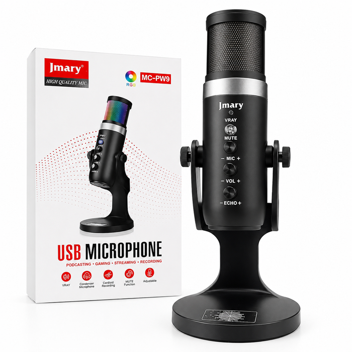 Micrófono USB Jmary MC-PW9 RGB | Cardioide | USB Tipo-C | Monitor de Audífonos | Streaming y Podcast