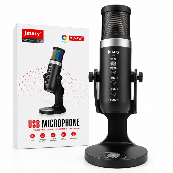 Micrófono USB Jmary MC-PW9 RGB | Cardioide | USB Tipo-C | Monitor de Audífonos | Streaming y Podcast