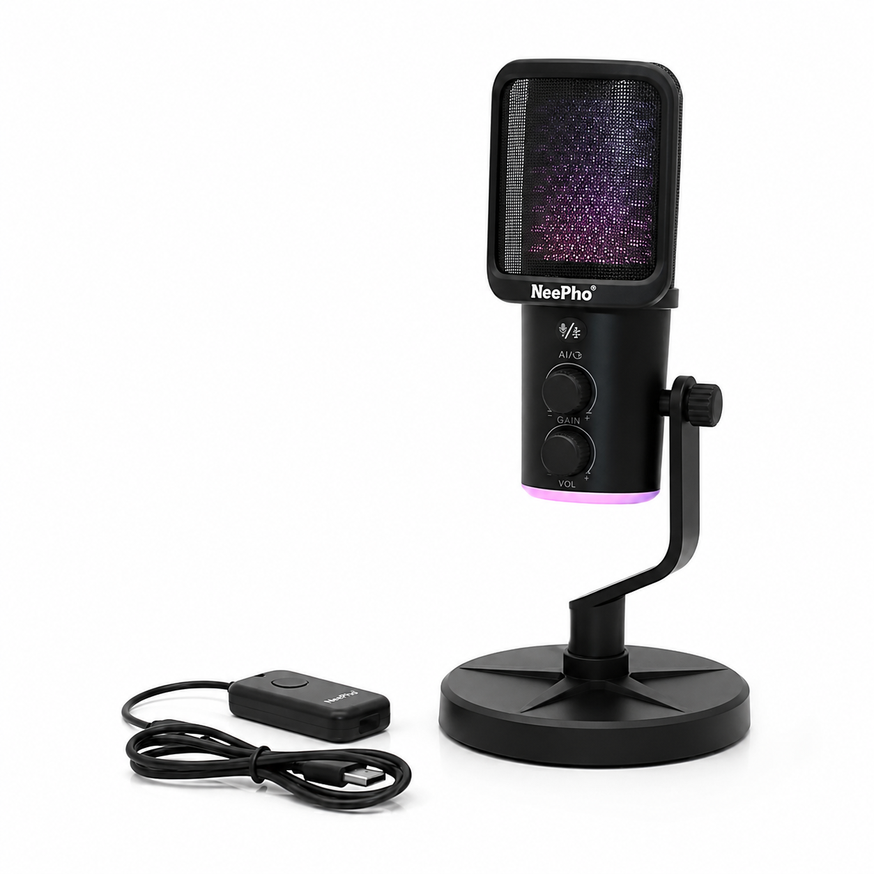 Micrófono de Condensador NeePho NP-M02 RGB | Inalámbrico 2.4 GHz | USB Tipo-C | ANC | Streaming y Podcast