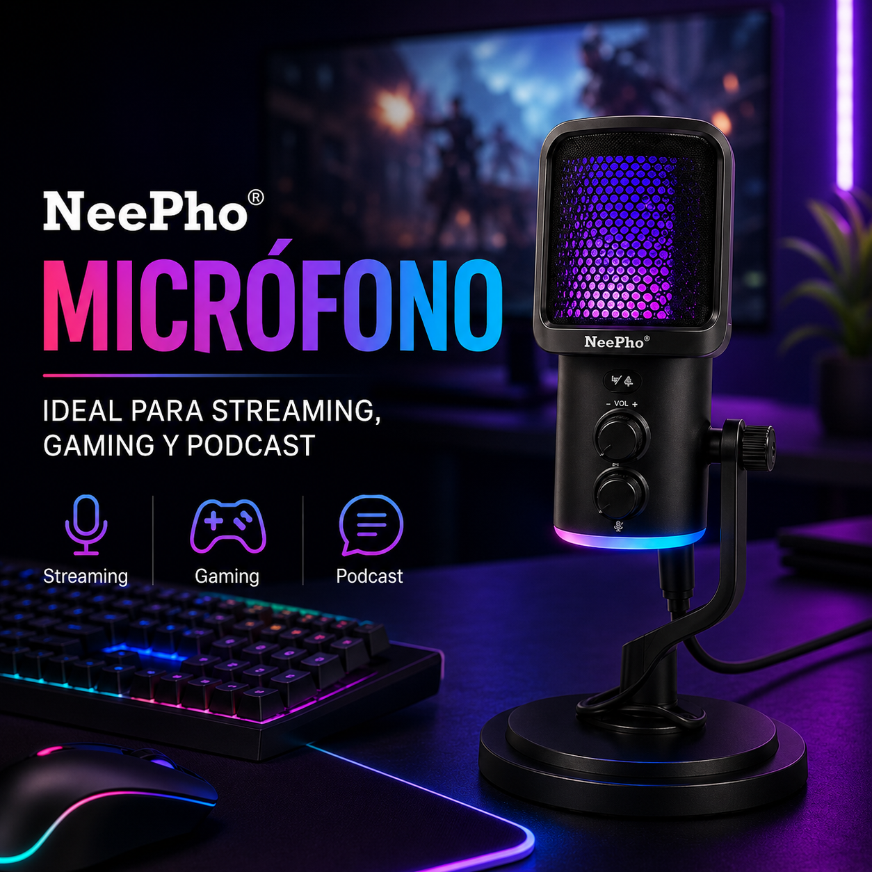Micrófono de Condensador NeePho NP-M02 RGB | Inalámbrico 2.4 GHz | USB Tipo-C | ANC | Streaming y Podcast