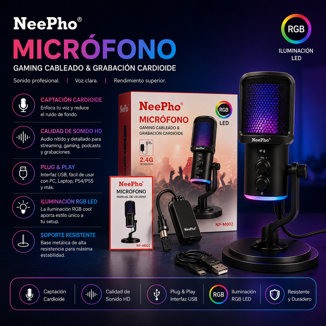 Micrófono de Condensador NeePho NP-M02 RGB | Inalámbrico 2.4 GHz | USB Tipo-C | ANC | Streaming y Podcast