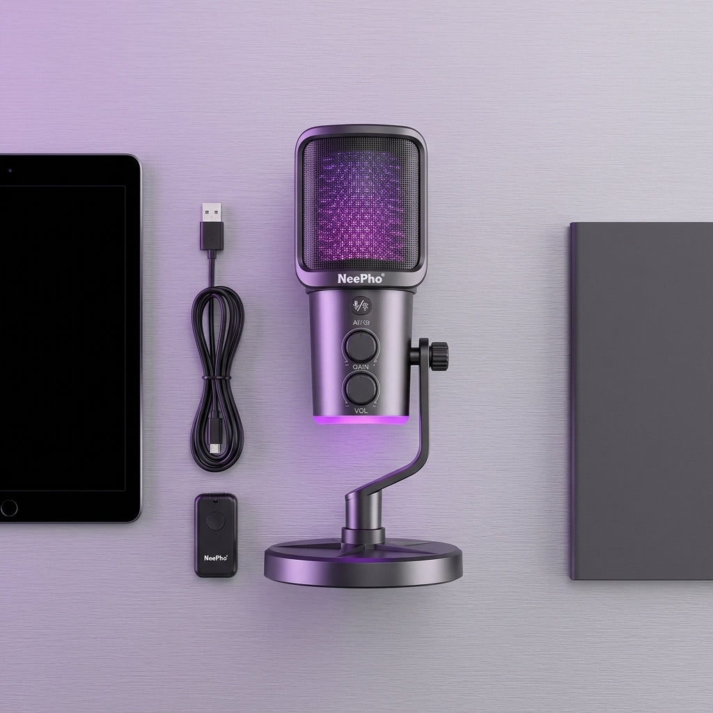 Micrófono de Condensador NeePho NP-M02 RGB | Inalámbrico 2.4 GHz | USB Tipo-C | ANC | Streaming y Podcast