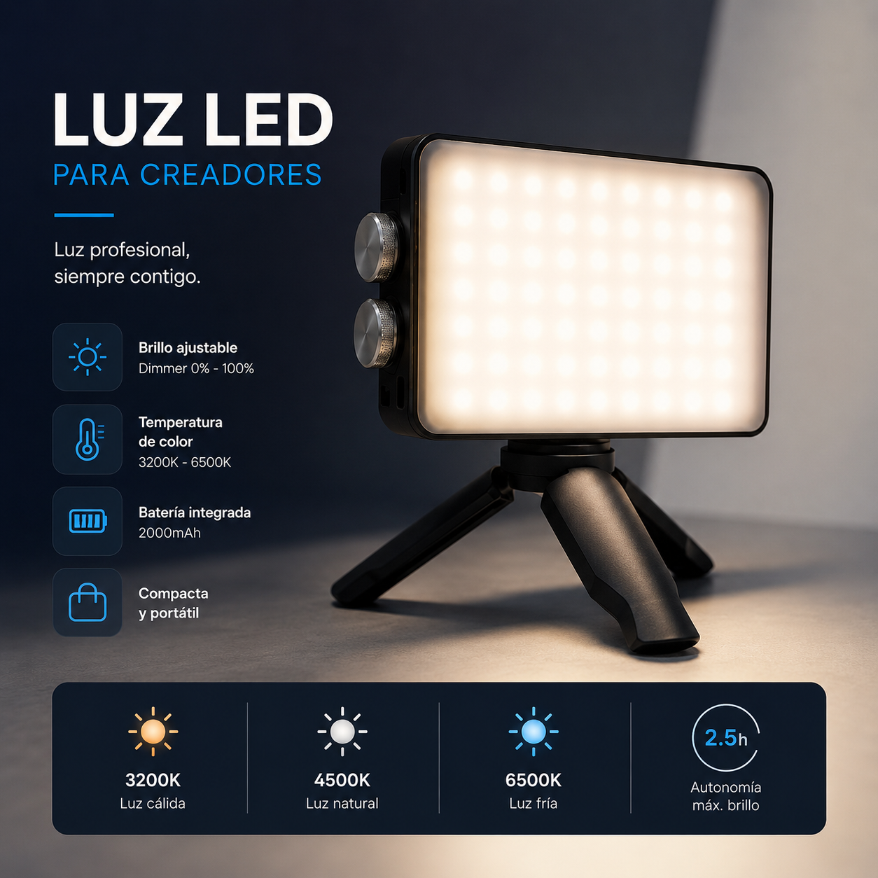 Luz LED para Video VL40 | Temperatura Ajustable de 2700 K a 6500 K