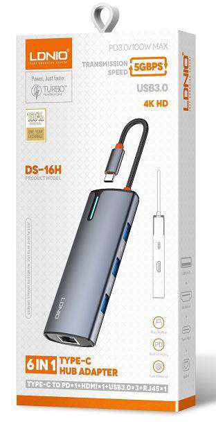 Hub USB-C LDNIO DS-16H 6 en 1 | HDMI 4K, RJ45 y PD 100 W - vista 2 - MyTechCell Colombia