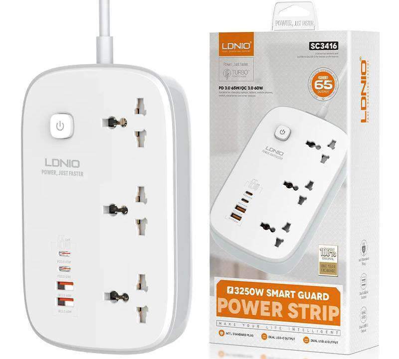 Multitoma LDNIO SC3416 3250 W | 3 tomas y USB-C PD 65 W - MyTechCell Colombia