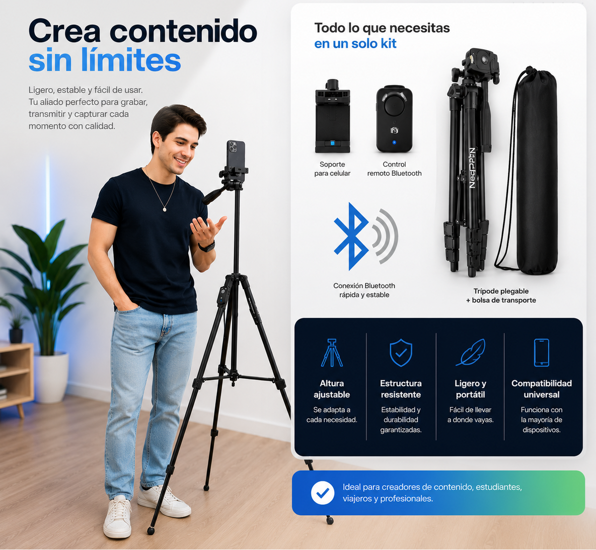 Trípode Profesional NeePho NP-3180S para Cámara y Celular | 136 cm | Aluminio | Cabezal de Liberación Rápida