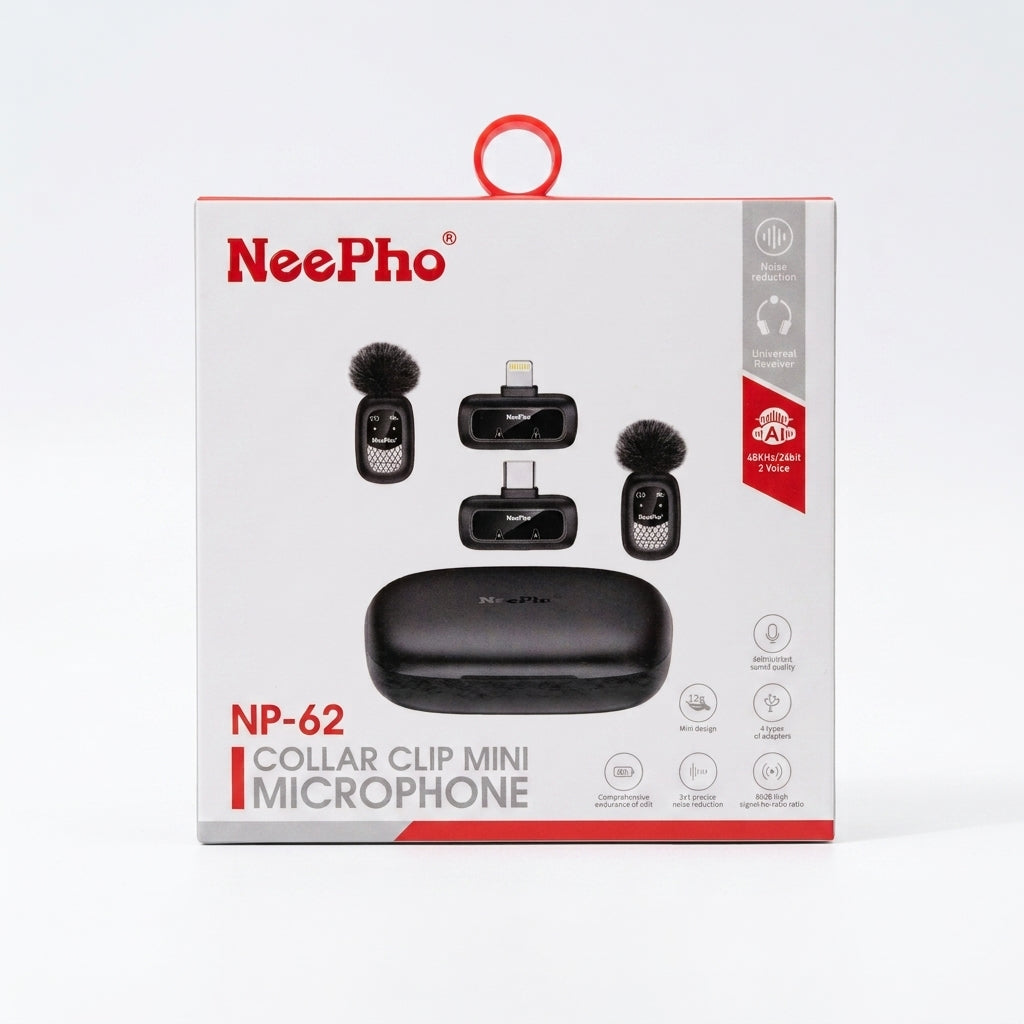 Micrófono Inalámbrico NeePho NP-62 Dual para iPhone y USB-C | Cancelación de Ruido | Estuche de Carga | 2 Transmisores