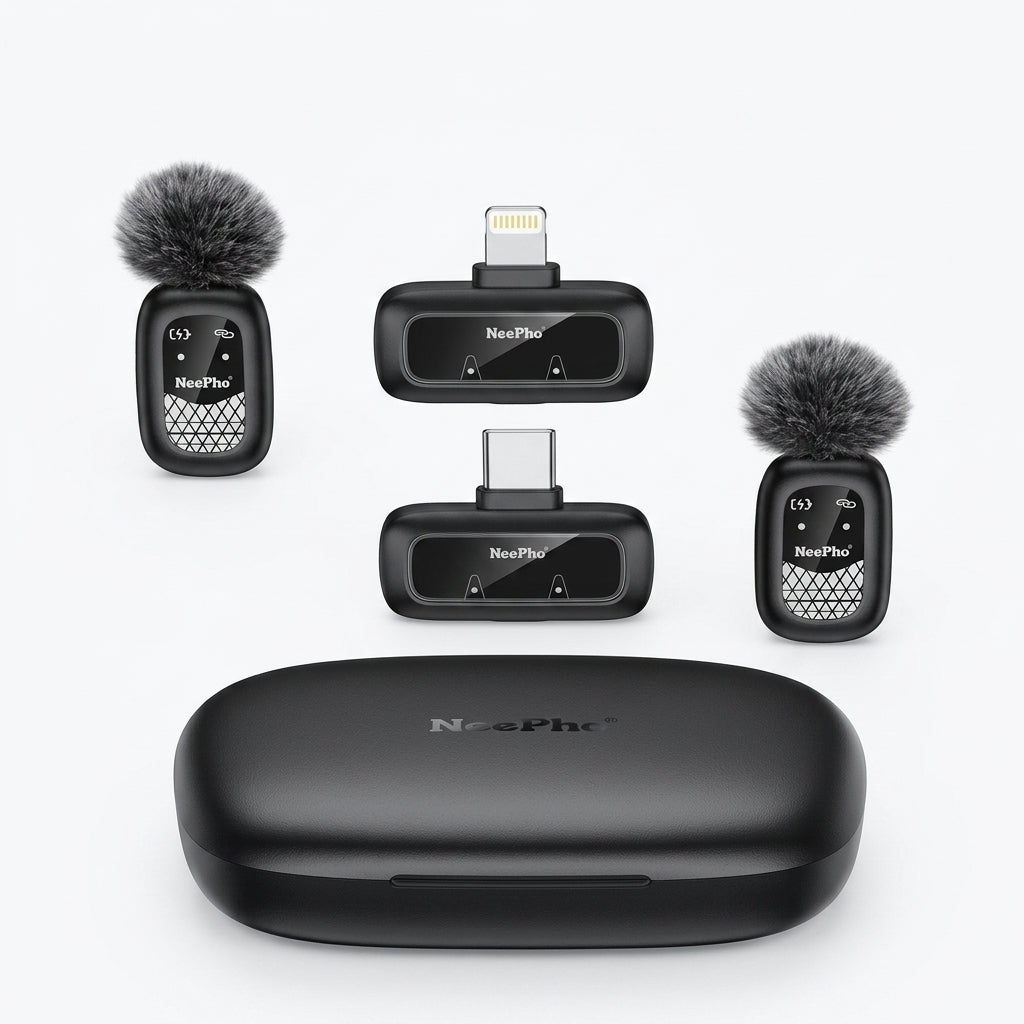 Micrófono Inalámbrico NeePho NP-62 Dual para iPhone y USB-C | Cancelación de Ruido | Estuche de Carga | 2 Transmisores
